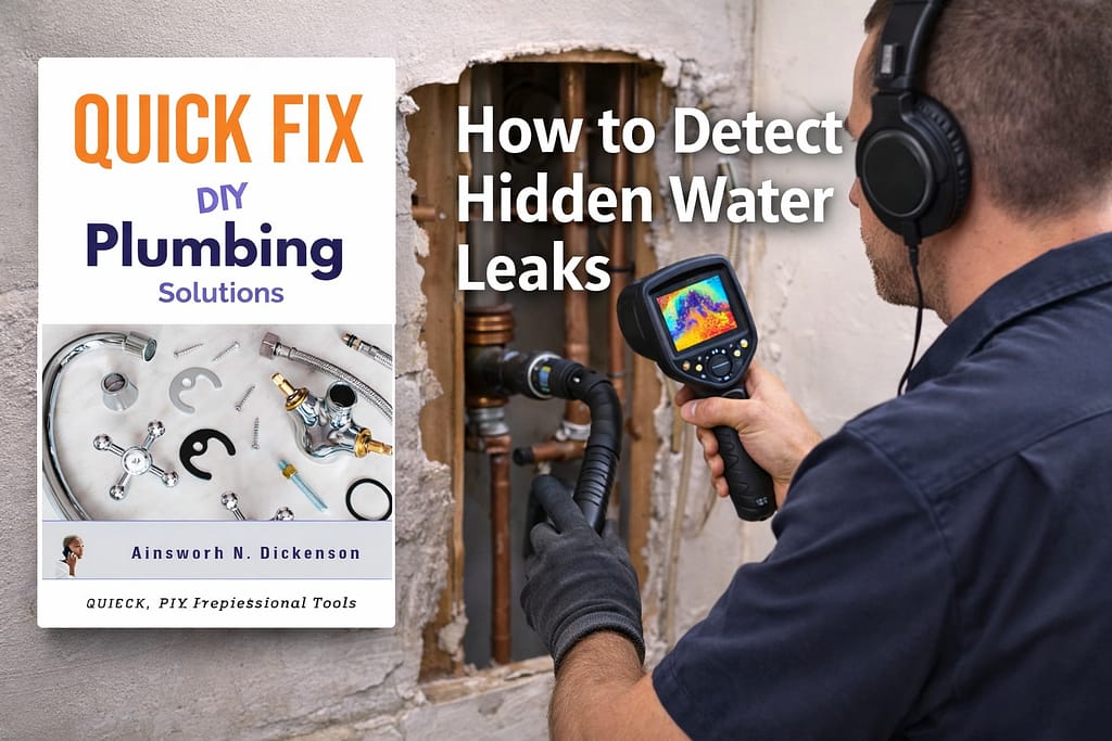 Professional plumber using a thermal imaging camera to detect hidden water leaks in a wall with book cover “Quick Fix DIY Plumbing Solutions” displayed