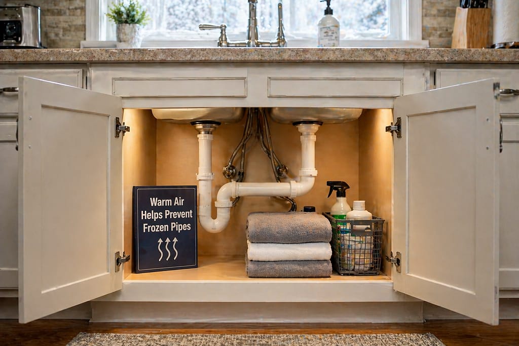 Open cabinet under kitchen sink exposing plumbing to allow warm air circulation and help prevent frozen pipes.