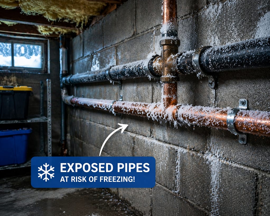 Exposed plumbing pipes covered in frost inside a cold basement, showing risk of freezing in winter conditions.