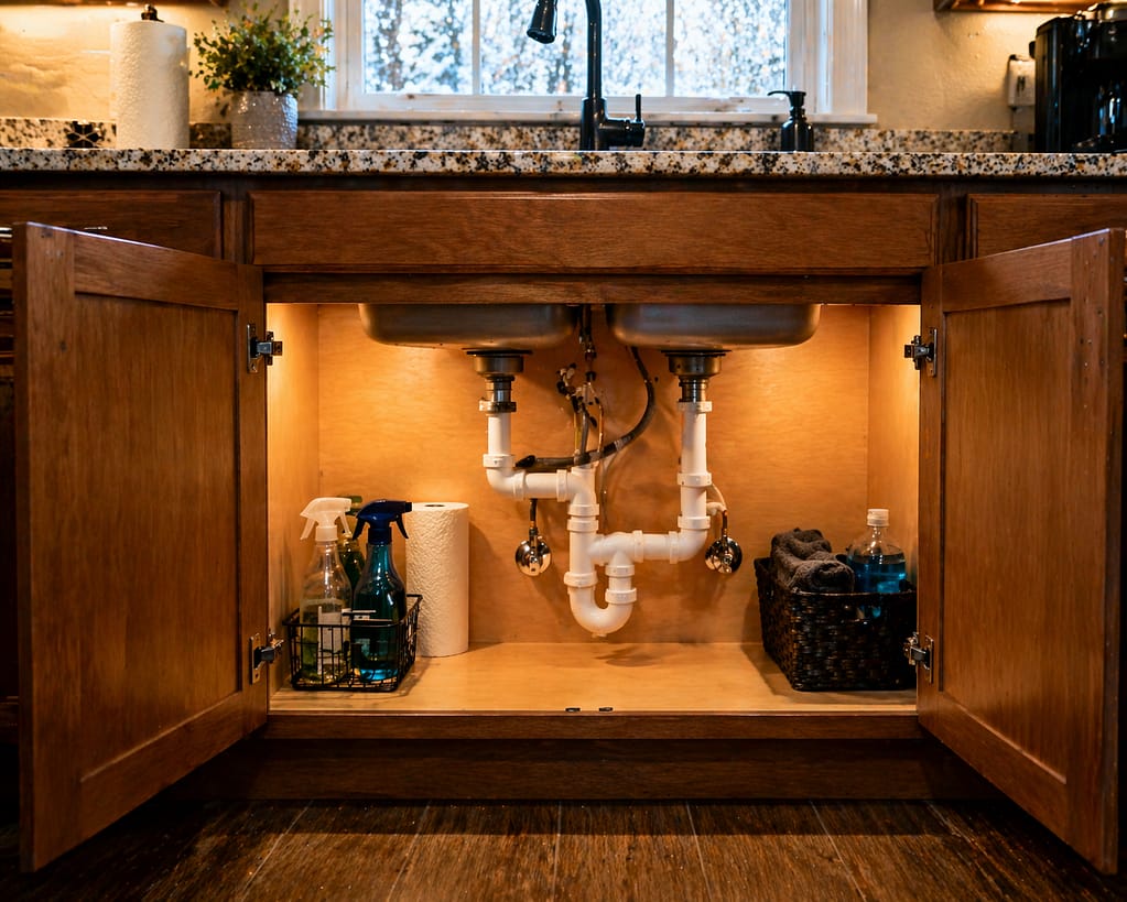 Open kitchen cabinet under sink showing exposed plumbing pipes to allow warm air circulation during cold weather.
