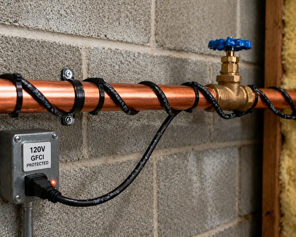 Heating cable wrapped around exposed copper pipe connected to a power source to prevent freezing in cold weather.