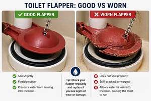 Comparison of good vs worn toilet flapper showing how a damaged flapper causes a running toilet
