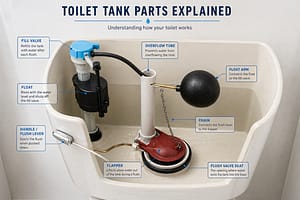 Inside toilet tank diagram showing labeled parts including fill valve, flapper, float, overflow tube, and flush lever