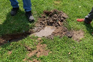 Wet muddy patch in yard caused by underground water pipe leak