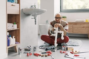 Homeowner confused with plumbing parts and tools trying to fix leak under sink