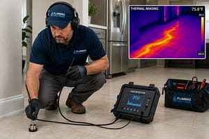 Professional Leak Detection Techniques showing a plumber inspecting a floor for a slab leak using acoustic listening equipment and thermal imaging