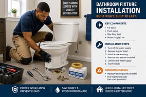 Professional plumber installing a bathroom toilet fixture with installation steps, plumbing tools, and key components guide
