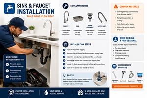 Modern sink and faucet installation guide showing plumber installing kitchen sink plumbing with step-by-step instructions and plumbing components