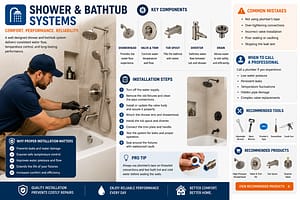 Modern shower and bathtub installation system with rainfall showerhead, bathtub fixtures, plumbing components, and installation guide layout