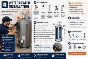 Professional water heater installation guide showing plumber installing residential hot water heater with plumbing components and installation steps