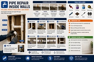 PVC pipe repair inside wall guide showing leaking plumbing pipes, repair steps, tools, and pipe coupling installation