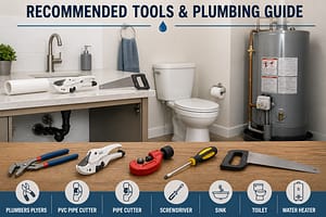 Recommended plumbing tools including plumbers pliers, PVC pipe cutter, pipe cutter, screwdriver, saw, sink, toilet, and water heater in a home plumbing guide image.