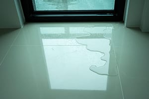 Water leak spreading across tile floor near window inside a tropical home