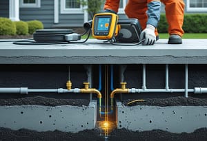 Professional detecting underground water pipe leak using electronic leak detection equipment