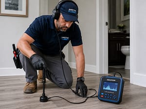 Professional Leak Detection Techniques showing a plumber using an acoustic listening device to locate a hidden plumbing leak beneath the floor