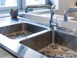Kitchen sink backing up with dirty water indicating serious drain blockage
