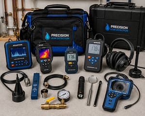 Professional Leak Detection Techniques with professional plumbing leak detection tools and diagnostic equipment arranged neatly on a workbench