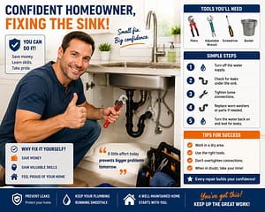Confident homeowner repairing kitchen sink plumbing with tools and step-by-step DIY plumbing guidance
