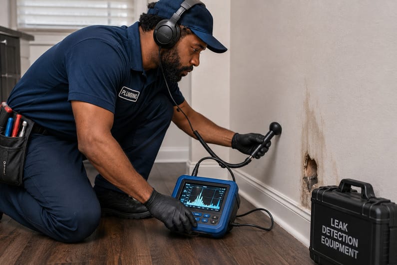 Professional plumber using leak detection equipment inside a home to locate a hidden water leak behind a wall