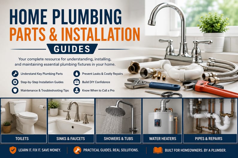Home Plumbing Parts and Installation Guides feature banner with plumbing fixtures, tools, sinks, toilets, showers, water heaters, and pipe repair sections