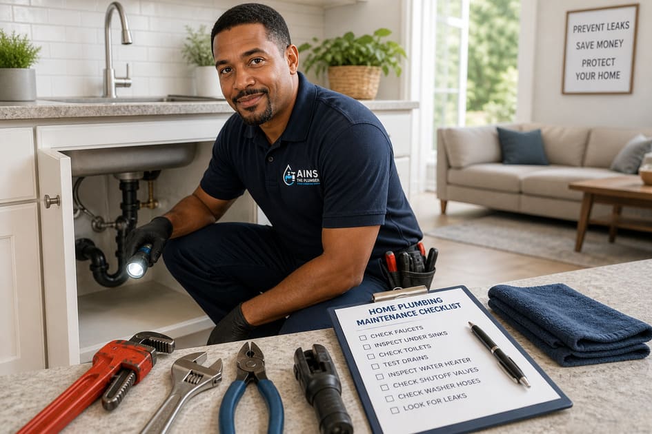 Professional plumber inspecting plumbing under a kitchen sink in a clean modern home using a flashlight and maintenance checklist.